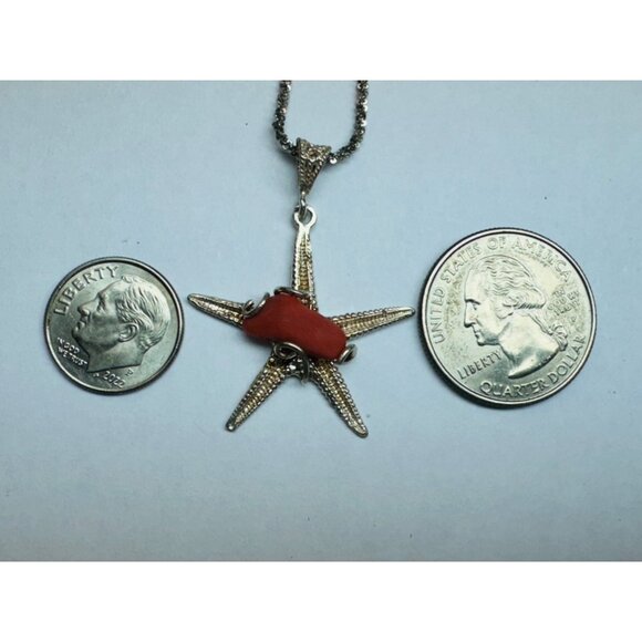 Vintage Sterling Silver 925 Chain Necklace w/ Starfish Pendant Red Coral Center - Picture 9 of 15